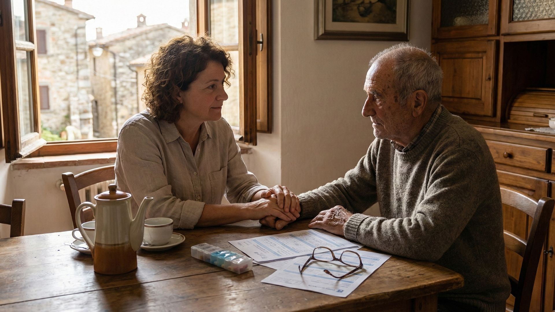 Un caregiver familiare assiste una persona anziana in casa, illustrando il carico fisico ed emotivo del supporto domiciliare.